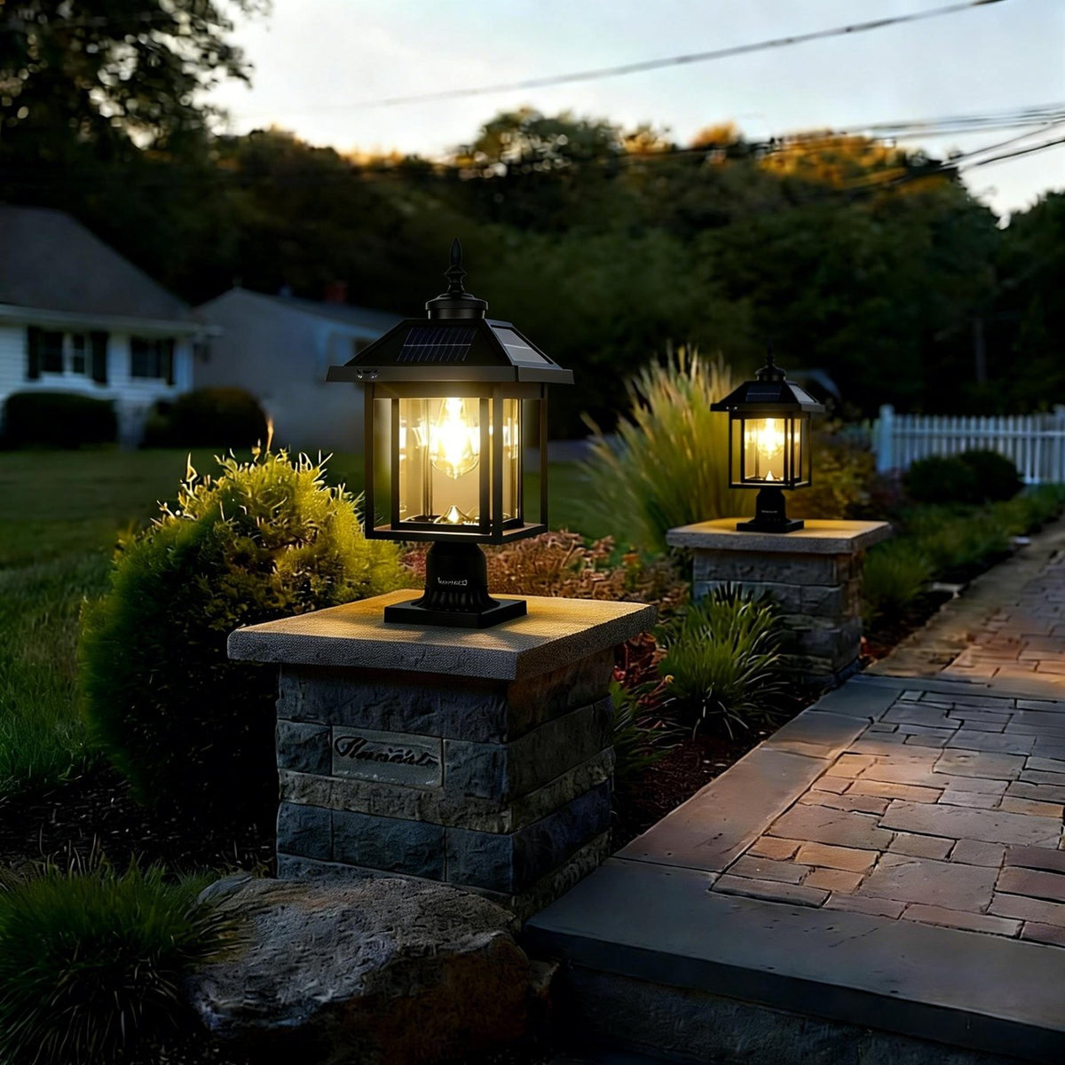 Kemeco premium black solar post light installed on outdoor pillar near walkway