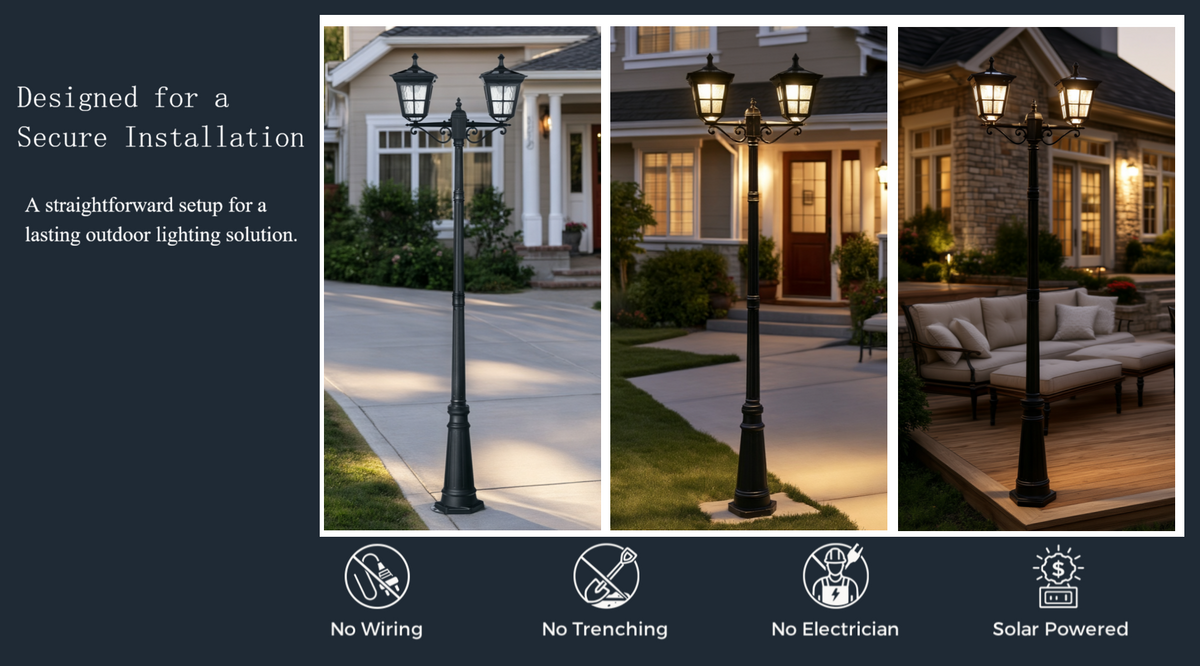 Double-head solar lamp post in outdoor installation settings