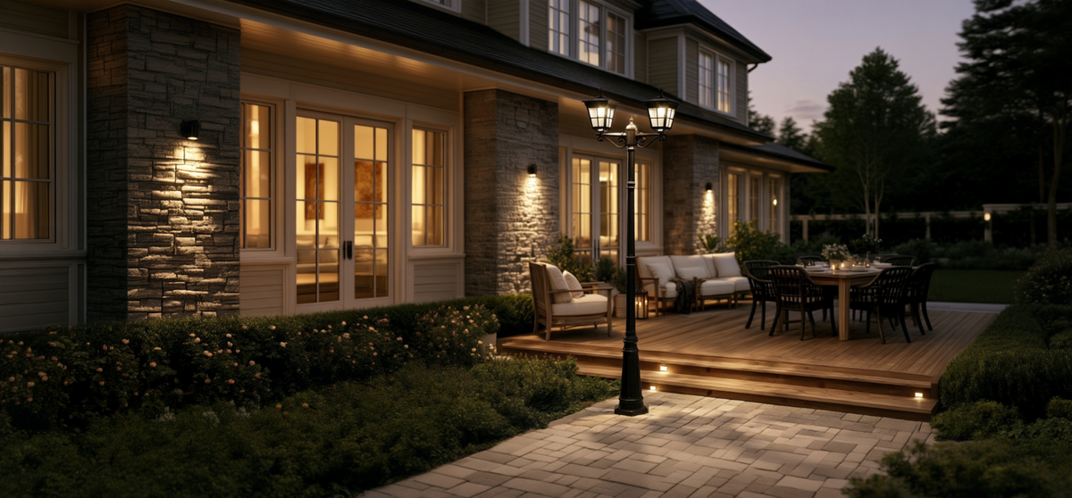 Double-head solar lamp post beside an outdoor living area
