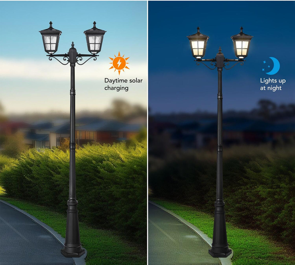 Solar lamp post shown by day and illuminated at night