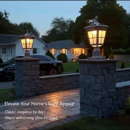 Kemeco white solar lamp post light with decorative water glass panels in outdoor setting