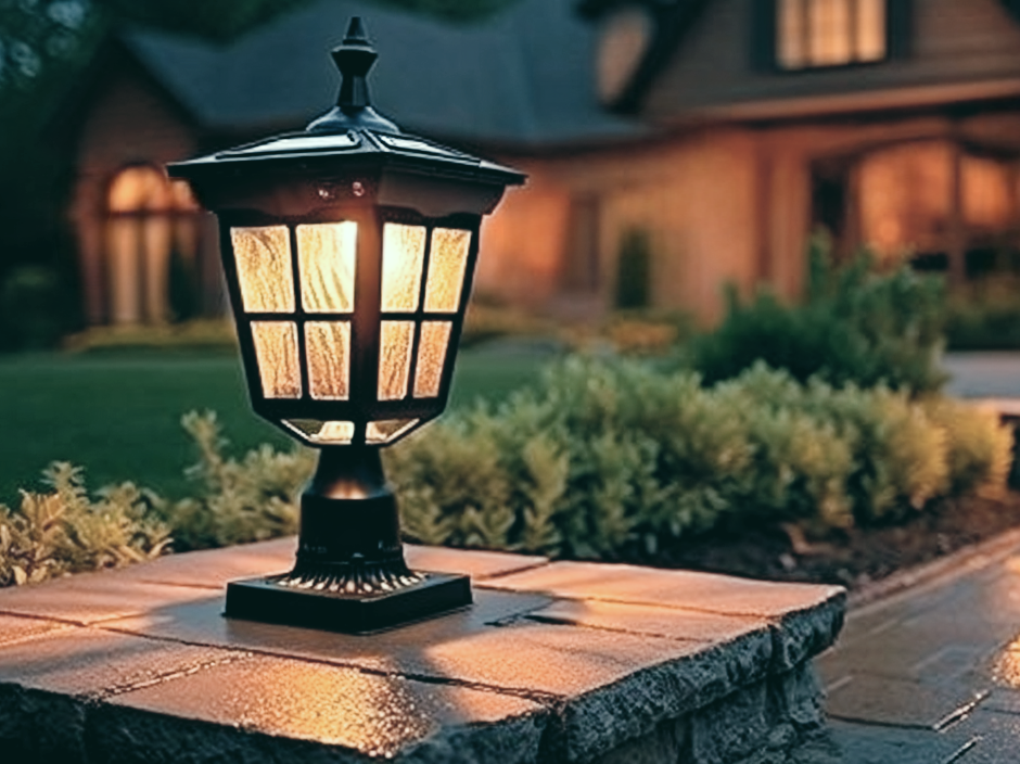 Kemeco black solar post light installed on an outdoor pillar at night
