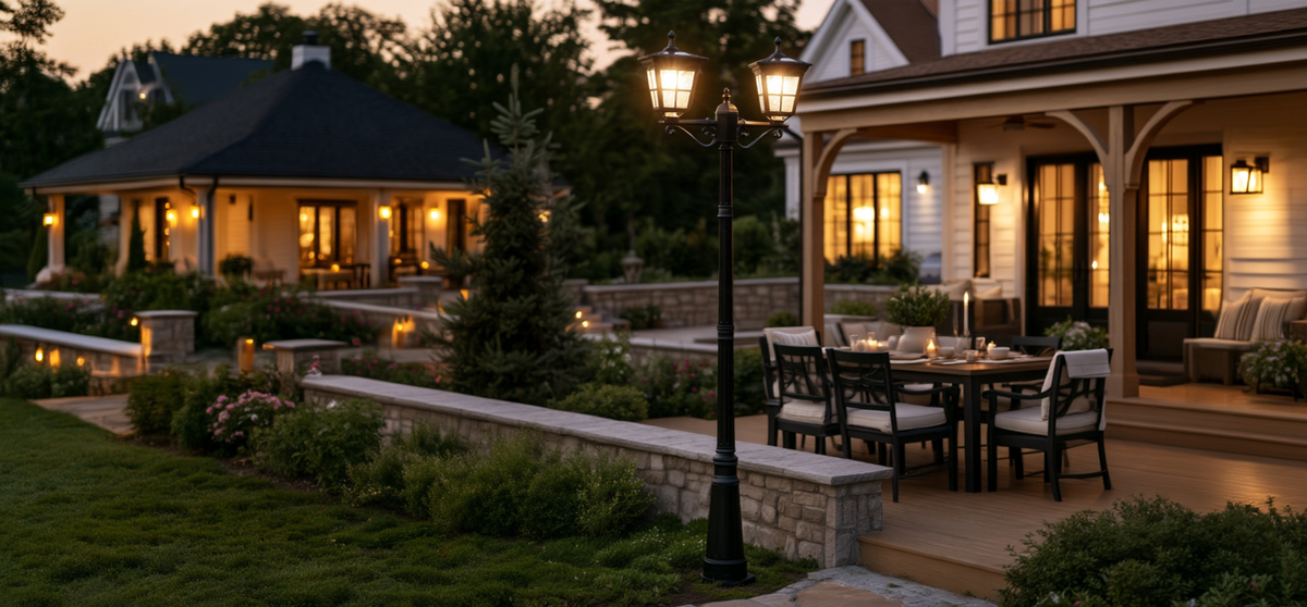 Kemeco double-head solar lamp post in an outdoor setting