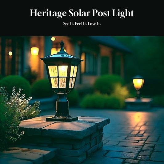 Kemeco ST4311AQ black solar post light hero lifestyle image with Gloock title text
